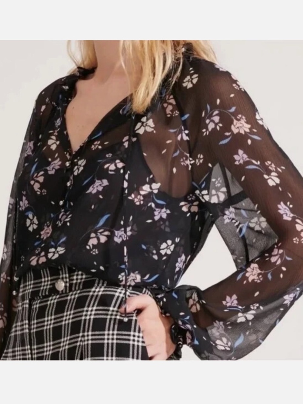 Veronica Beard Antonette Top In Black Floral Sheer Long Sleeve medium